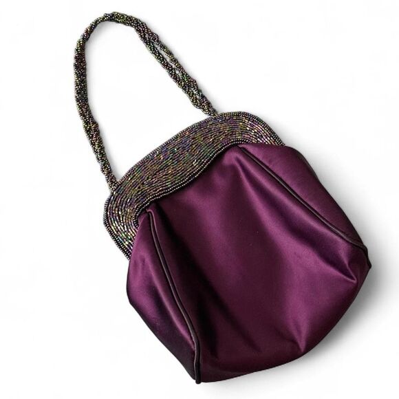 Vintage Deep Purple beaded evening bag with beaded handle and button closure. - Picture 4 of 8
